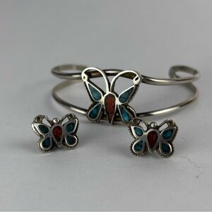 Vintage Turquoise/Coral Inlay Butterfly Sterling Silver Cuff & Earrings